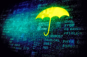 IT Support Huddersfield - Web and cyber security concept with umbrella on data screen